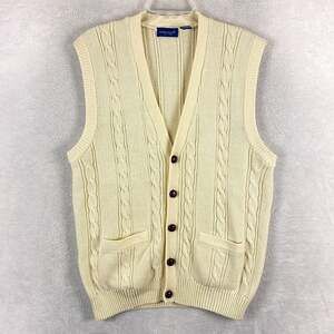 Vintage Towncraft JC Penney Vest Mens L Ivory Cable Knit Cardigan Grandpa 80s